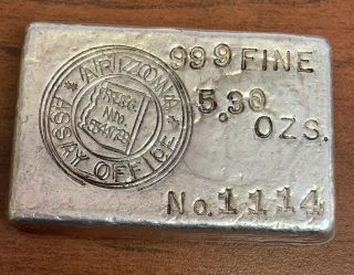 Very Rare Arizona Assay Silver Old Pour.  999 Fine Ingot - 5.  30 Oz Ounce Bar