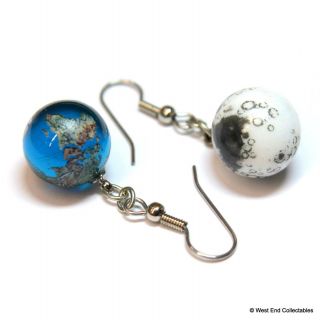 15mm (0.  5 ") Planet Earth And Moon Glass Marble Earrings - Space Jewellery Gift