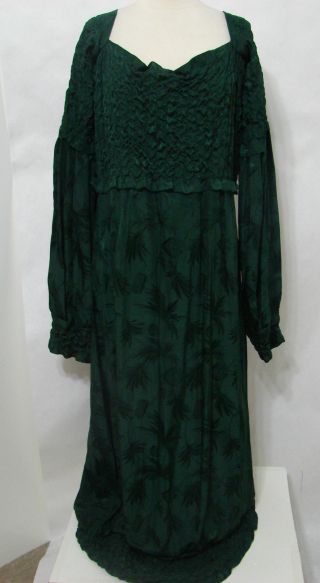 Vintage Emerald Green Silk Puckered Off - Shoulder Long Sleeve Gown Xlg Xlong
