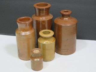5 Antique Stoneware Pottery English Ink Bottles Jugs Primitive Folk