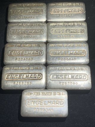 (9) 10 Oz - Englehard.  999,  Fine Silver Chunky Loaf Style P Series Vintage Bars