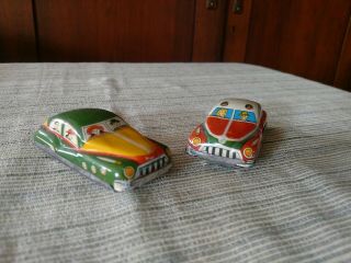 Vintage Old Toy Cars Pair 2 Yellow Red Blue Green Metal Tin Signed Japan
