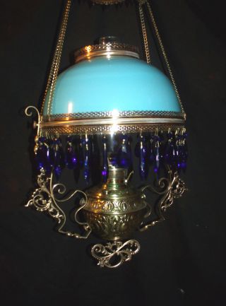 Antique Miller Hanging Oil Lamp (blue Bristol Shade)