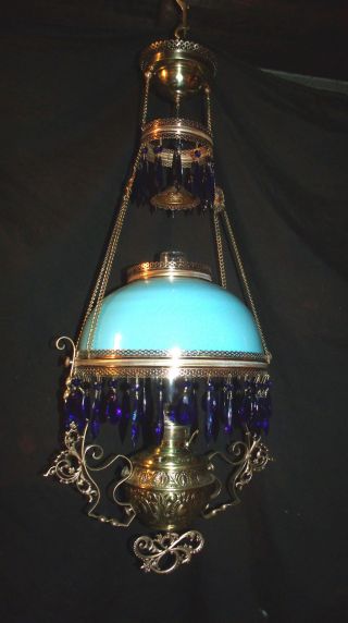 ANTIQUE MILLER HANGING OIL LAMP (BLUE BRISTOL SHADE) 2
