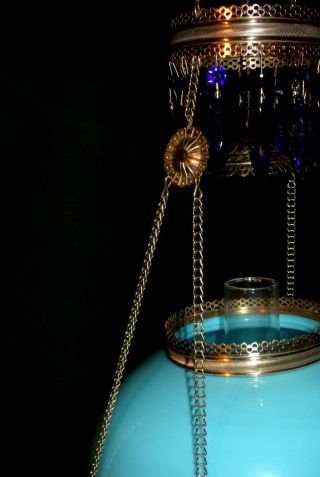 ANTIQUE MILLER HANGING OIL LAMP (BLUE BRISTOL SHADE) 6