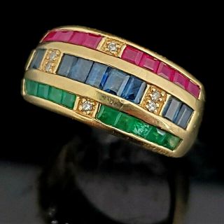 Estate Diamond Sapphire Emerald Ruby 14k Yellow Gold Wide Band Ring Gift