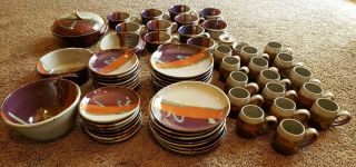 65 Pc Vintage Hanselmann Art Pottery Stoneware Bowls Plates Dishes Mugs Signed
