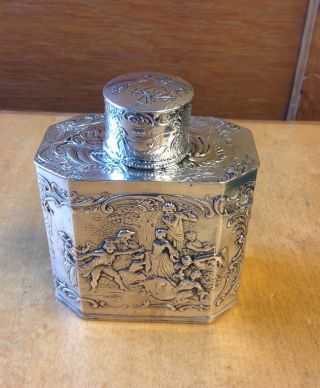 800 Silver Teacaddy.  Germany.  19th Century.  Ornate Scenes.