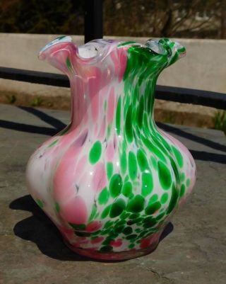 Vintage Hand Blown Murrhina Pink Green White Art Glass Ruffled Vase 5 3/4 " Tall