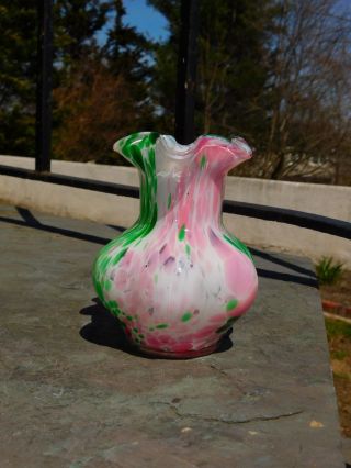 Vintage Hand Blown Murrhina Pink Green White Art Glass Ruffled Vase 5 3/4 