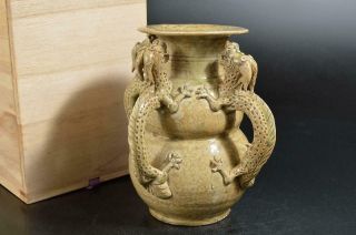 T1305:xf Chinese Pottery Green Glaze Dragon Sculpture Flower Vase Ikebana W/box