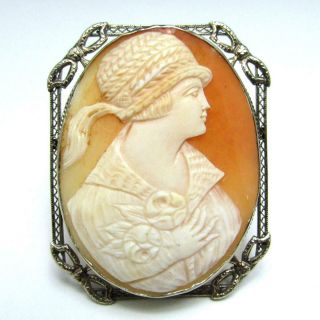 Vintage Art Deco 14k White Gold Filigree Carved Shell Cameo Brooch Pin / Pendant