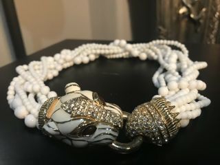 Rare Vtg Signed Ciner White Glass Bead Jeweled Panther Statement Necklace Enamel