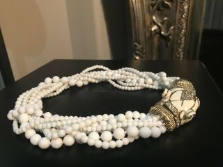 Rare Vtg Signed Ciner white Glass Bead Jeweled Panther Statement Necklace enamel 3