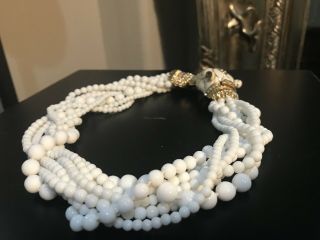 Rare Vtg Signed Ciner white Glass Bead Jeweled Panther Statement Necklace enamel 4