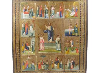 Antique Russian Orthodox Religious Icon Panel Multiple Scenes The Great Feasts
