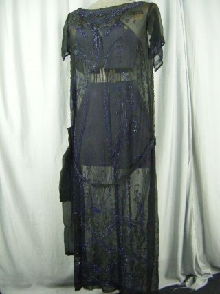 Antique 1920s Black Sheer Chiffon Flapper Blue Black Beaded Dress - Bust 40/s - M