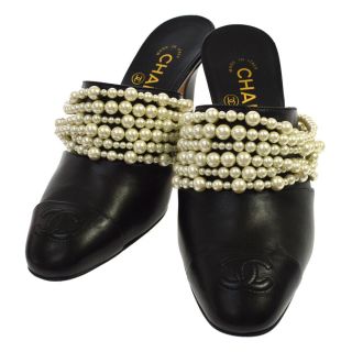 Authentic Chanel Cc Imitation Pearl Shoes Sandals Black 36 C Vintage O02412