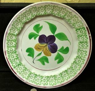 Antique Stick Spatter Spatterware Plate,  4 - Color,  Pansy Pattern,  19th C.