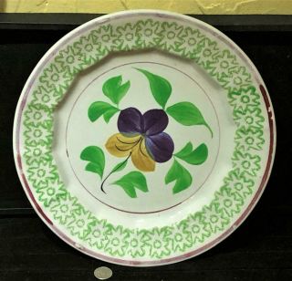 Antique Stick Spatter Spatterware Plate,  4 - Color,  Pansy Pattern,  19th C. 3