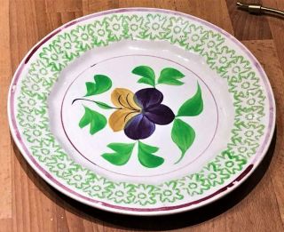 Antique Stick Spatter Spatterware Plate,  4 - Color,  Pansy Pattern,  19th C. 7