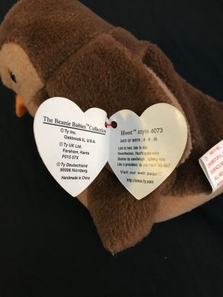 RARE RETIRED TY BEANIE BABY HOOT WITH TAG ERRORS & PVC PELLETS 1995 4