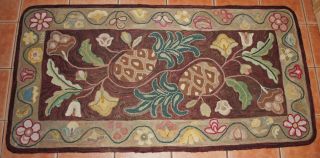 Vintage Wool Hooked Rug With Flowers,  70 " X 36 " Dated 1991