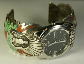 Navajo Djn Delvin Nelson Native Sterling Silver Turquoise Coral Cuff Vtg Watch