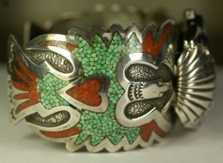 Navajo DJN Delvin Nelson Native Sterling Silver Turquoise Coral Cuff Vtg Watch 2