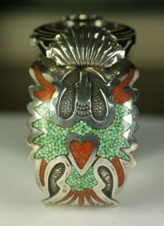 Navajo DJN Delvin Nelson Native Sterling Silver Turquoise Coral Cuff Vtg Watch 6