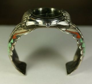 Navajo DJN Delvin Nelson Native Sterling Silver Turquoise Coral Cuff Vtg Watch 8