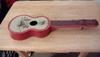 Vintage Tin Guitar Toy Ukulele Red Cowboy Horse Design