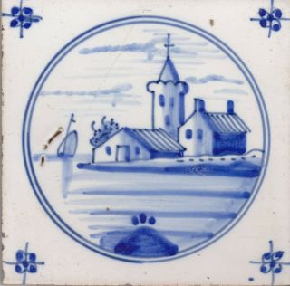 Delft Tile 18th - 19th Century (d 26) Village On An Island