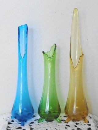 3 Vintage Viking Glass Epic 3 - Toed Bud Vases Green Amber Blue 12 14 16 Inch