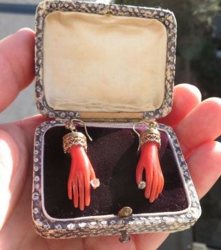 Antique Victorian 1890/1900 Faux Coral & Pinchbeck/gilt Metal Hands Earrings