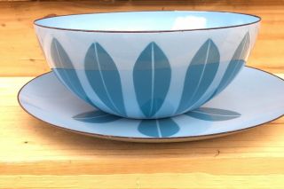 Vtg Cathrineholm French Blue Enamel Lotus 9.  5” Salad Bowl 12 " Plate Mid Century