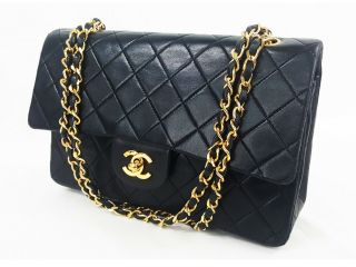 100 Auth Chanel Vintage Flap Bag Chain 2.  55 Black Gold Classic Quilted 25cm