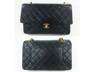 100 Auth CHANEL Vintage Flap Bag Chain 2.  55 Black Gold Classic Quilted 25cm 2