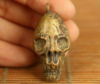 Asian Old Copper Hand Carved Skull Head Statue Figure Pendant Noble Gift