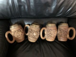Vintage Primitive Tankard Steins (4) Wood Hand Carved Beer Mug Brass Insert