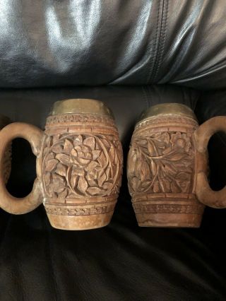 Vintage Primitive Tankard Steins (4) Wood Hand Carved Beer Mug Brass Insert 2
