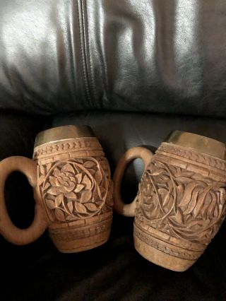 Vintage Primitive Tankard Steins (4) Wood Hand Carved Beer Mug Brass Insert 3