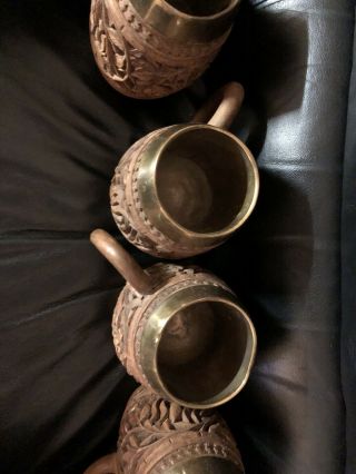 Vintage Primitive Tankard Steins (4) Wood Hand Carved Beer Mug Brass Insert 4