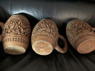 Vintage Primitive Tankard Steins (4) Wood Hand Carved Beer Mug Brass Insert 5