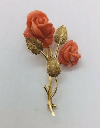 Vintage 18k Yellow Gold Carved Red Coral Flower Vine Pin