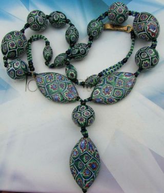 Art Deco Venetian Matched Green Cane Moretti Millefiori Beads Glass Necklace