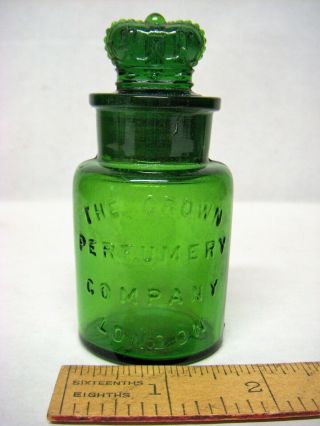 Antique The Crown Perfumery Co.  - London Green Cologne Bottle W/ Crown Stopper