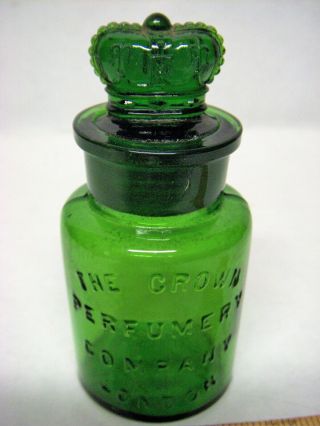 Antique THE CROWN PERFUMERY CO.  - LONDON Green Cologne Bottle w/ Crown Stopper 2