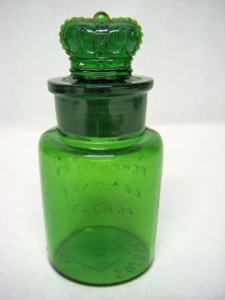 Antique THE CROWN PERFUMERY CO.  - LONDON Green Cologne Bottle w/ Crown Stopper 3