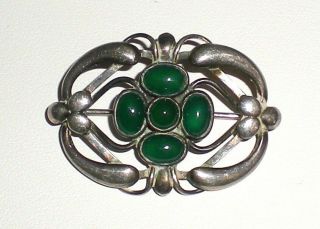 Signed Georg Jensen Sterling Silver 925 And Chrysoprase Brooch / Pin - 6.  4 Grams